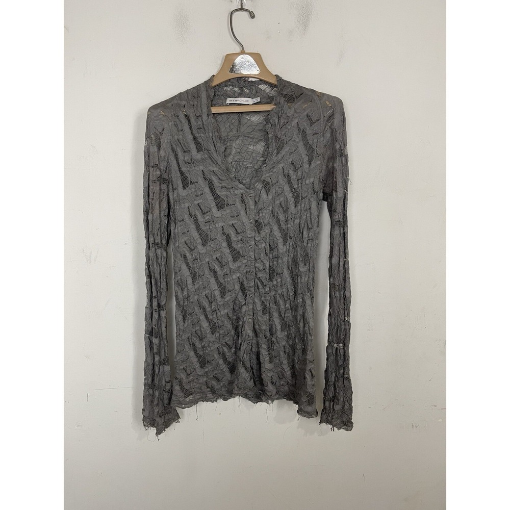 See by Chloe Womens Shirt 10‎ Lace Gothic Italy Whimsigoth Ragged Raw Edge Gray